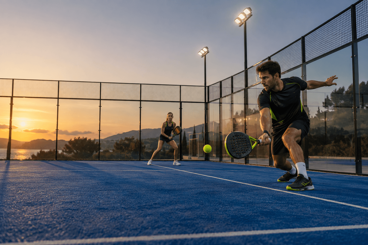 Jugadores de padel en acción en una cancha con paredes de vidrio